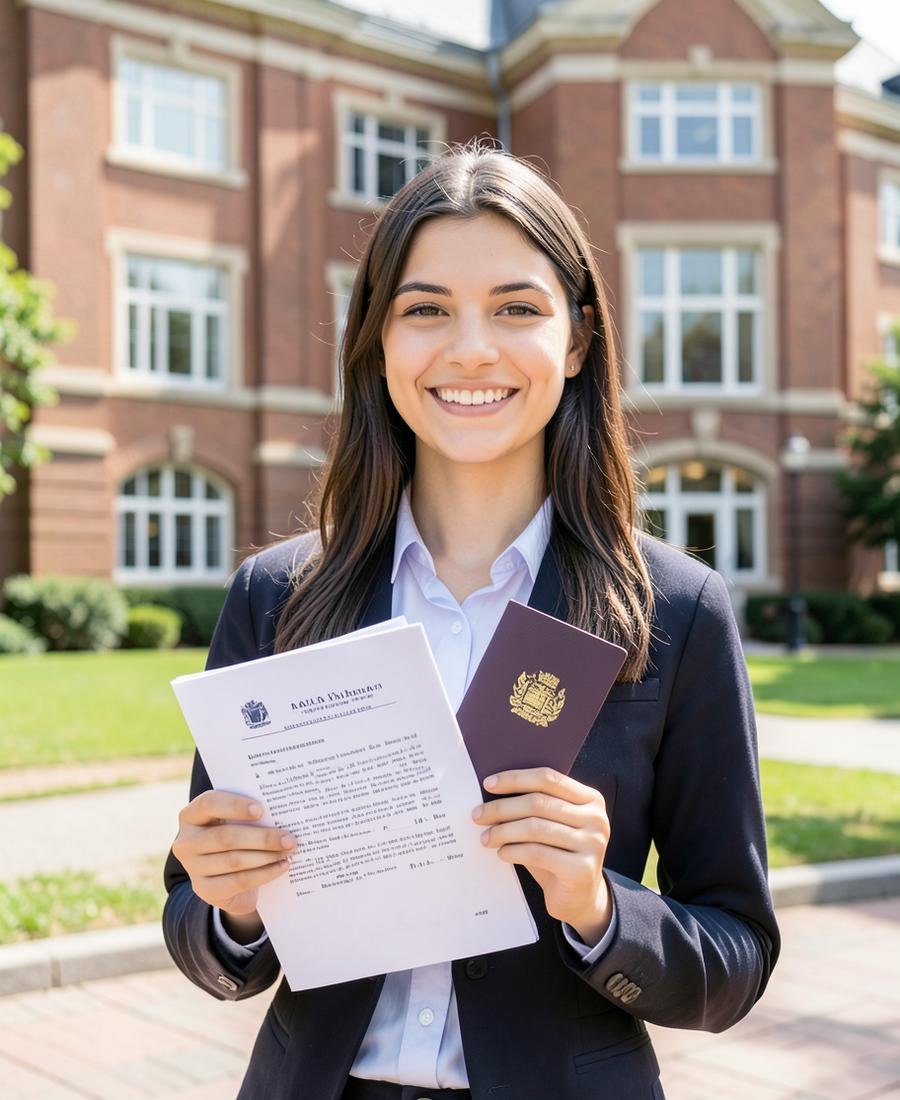 Étudiante tenant son passeport et sa lettre d'admission devant un campus